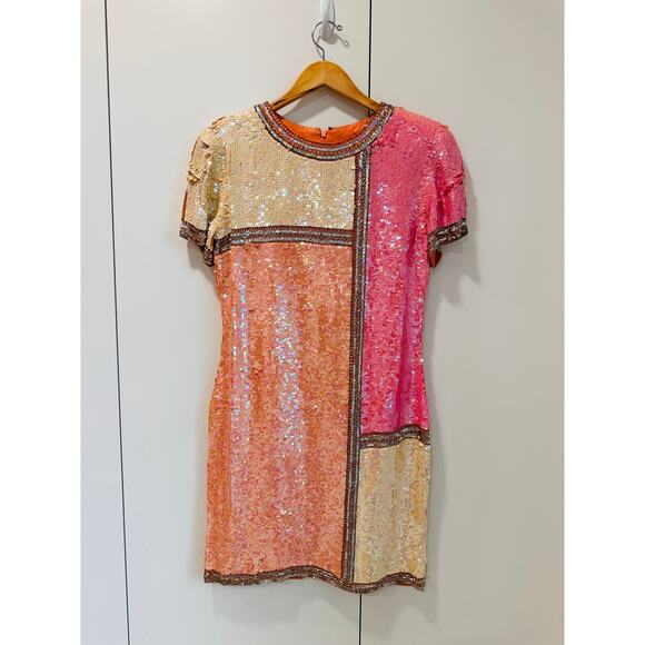 Vintage 80s Silk Sequin Pink Cocktail Dress Medium Fit Knee Length Sparkle Shine - Picture 2 of 14